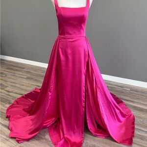 Jovani Hot Pink Square Neck Pleated Overskirt Gown 07440